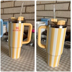 Stanley Yellow and White Striped Travel Tumbler with Handle & Straw